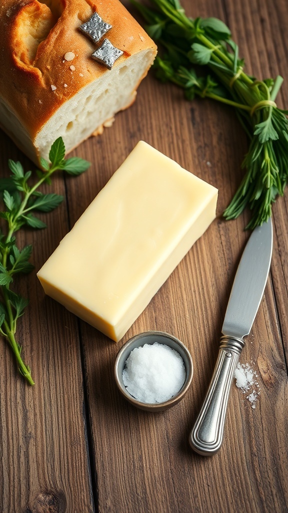 Butter: A Comprehensive Guide A block of butter on a wooden table with a knife and salt, alongside fresh herbs and bread.